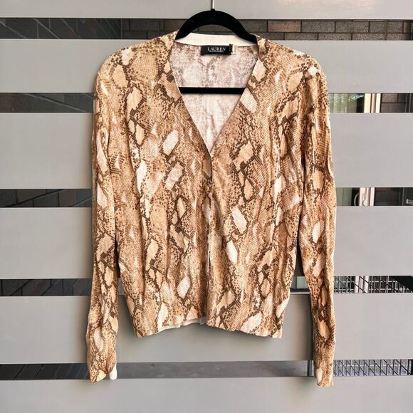Lauren Ralph Lauren Black Label Snakeskin Print Cotton Blend Cardigan Size XL - Picture 2 of 7
